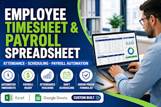 create employee timesheet, attendance tracker, schedule tracker, payroll sheet