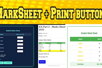 create student marksheet HTML with print button