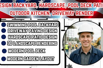 design backyard, hardscape, pool deck patio, outdoor kitchen, driveway render