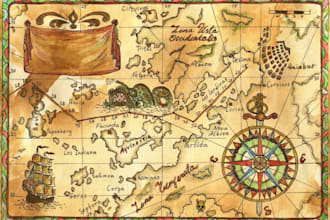 do original fantasy and pirate map with custom, illustration  and vintage map