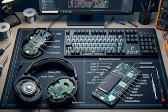design gaming mouse, keyboard, headphones, smartphone pcb and hardware