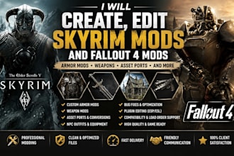 create, edit skyrim mods, armor mods, weapon, asset ports, fallout 4 game mods