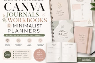 design printable and editable canva journals, workbook, minimalist planner