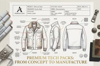design sawing pattern fashion tech clothing tech pack with 3d mockup, animation