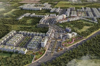 3d residential cluster,mixed use building, townhouses render,cgi city masterplan