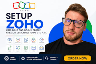 setup zoho crm, zoho one, books, people, creator, desk, flow, form, site, mail