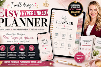 design etsy hyperlinked planner, canva ebook, printable planner, digital planner