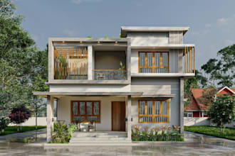 transform 2d plan into 3d house exterior model, flat roof design, home visualize