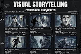 design cinematic storyboards for short films, games, comics  and youtube videos