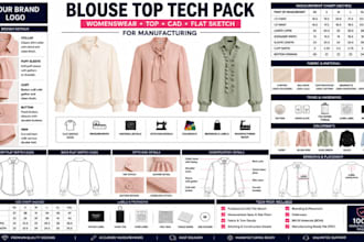 design blouse top womenswear tech pack cad flat sketch for manufacturing