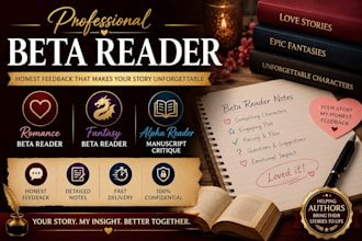 deliver detailed beta reader feedback for romance fantasy and alpha manuscripts
