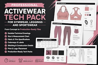 create a professional activewear tech pack for gymwear, leggings and sportswear