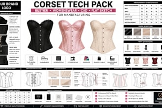 design corset bustier womenswear tech pack cad flat sketch manufacturing