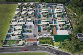 3dcommercial complex,aerial view render,master plan layout,shop house,cgi render