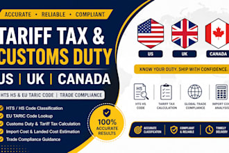 calculate customs duty, tariff tax, hts hs eu taric code for US UK canada