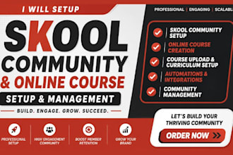 setup skool, skool community, skool online course and skool community manager