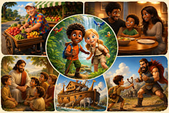 illustrate children comic story, bible themed and bible illustration for prints