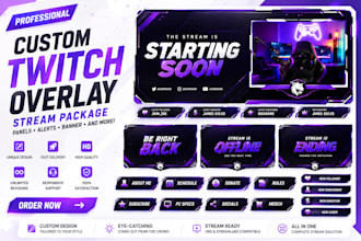 design custom twitch overlay, stream package, panels, banner and alerts