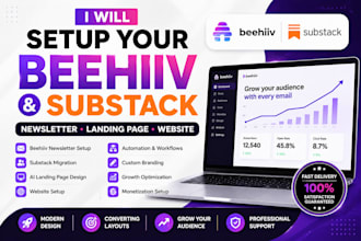 setup beehiiv or substack newsletter, beehiiv ai landing page and website