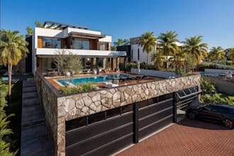 update tropical modern home, glass wall architecture, resort style house,archviz