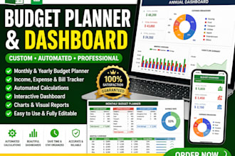 create custom excel spreadsheet, google sheets dashboard and budget planner
