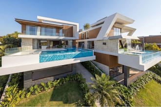 enhance hillside mansion,upscale waterfront property,futuristic house design,cgi