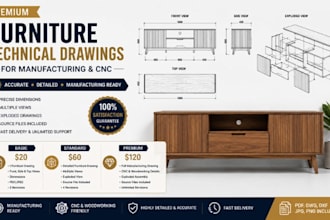 create premium furniture technical drawings for manufacturing and cnc