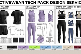 design activewear techpack gym, yoga wear with technical drawing and flat sketch
