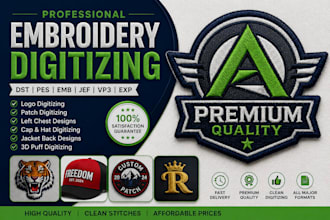 professionally digitize embroidery designs for caps shirts and patches