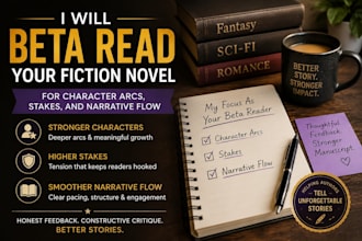 beta read your fiction novel for character arcs, stakes and narrative flow