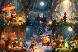 create cozy woodland fantasy storybook illustrations