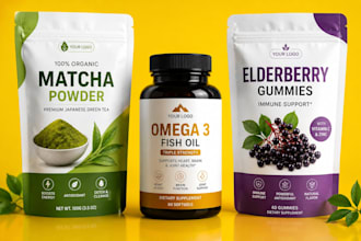 protein powder pouch packaging, supplement label design for amazon