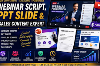 write webinar scripts, ppt slides, youtube scripts, course and sales copy