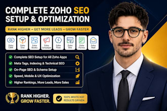 setup zoho CRM, zoho one, books, flow, campaigns, mail, forms and sites