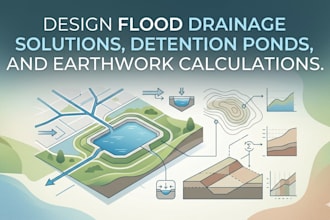 design flood drainage solutions, detention ponds and earthwork calculation
