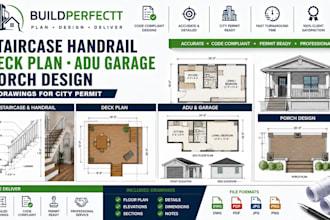 draw staircase handrail, deck plan, adu garage, porch design for city permit