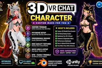 create custom vrchat avatar, anime avatar, vr character, 3d vrc avatar, vtuber