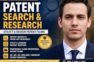 patent search and research patent writing design and utility patent filing