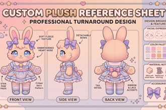 create custom plush reference sheet with turnaround and kawaii character design