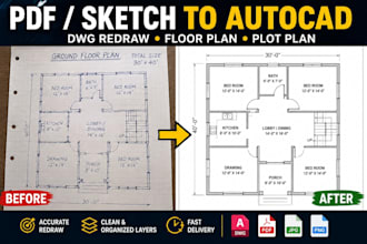 convert sketch blueprint or image to autocad dwg, redraw floor plan, plot plan