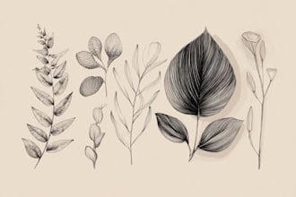 make a botanical line art illustration flower, plant, fruits