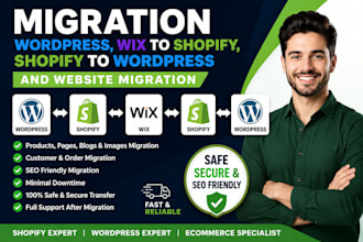 migration wordpress, wix to shopify, shopify to wordpress and website migration