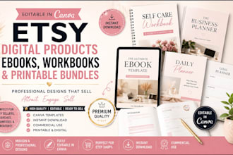 design etsy digital products, canva ebook, workbook printable bundle