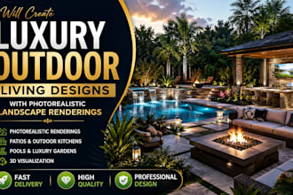 create luxury outdoor living design and photorealistic landscape