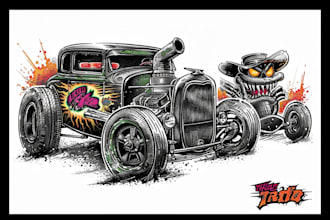 draw detailed rat fink tshirt design, hot rod, rat rod