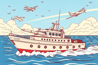 drawing boats, tanks and planes in cartoon illustration