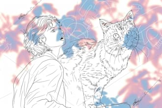 sketch, outline and color cartoon illustrations