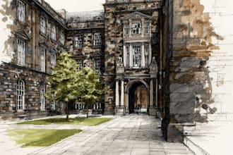 sketch architecture building with watercolor rendering