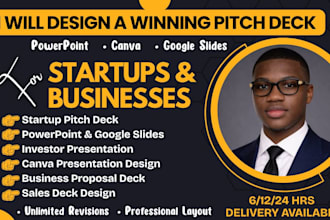 design investor pitch deck, powerpoint, canva and google slides presentations