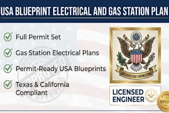 texas, washington, USA blueprint electrical plan, gas station plan, permit ready